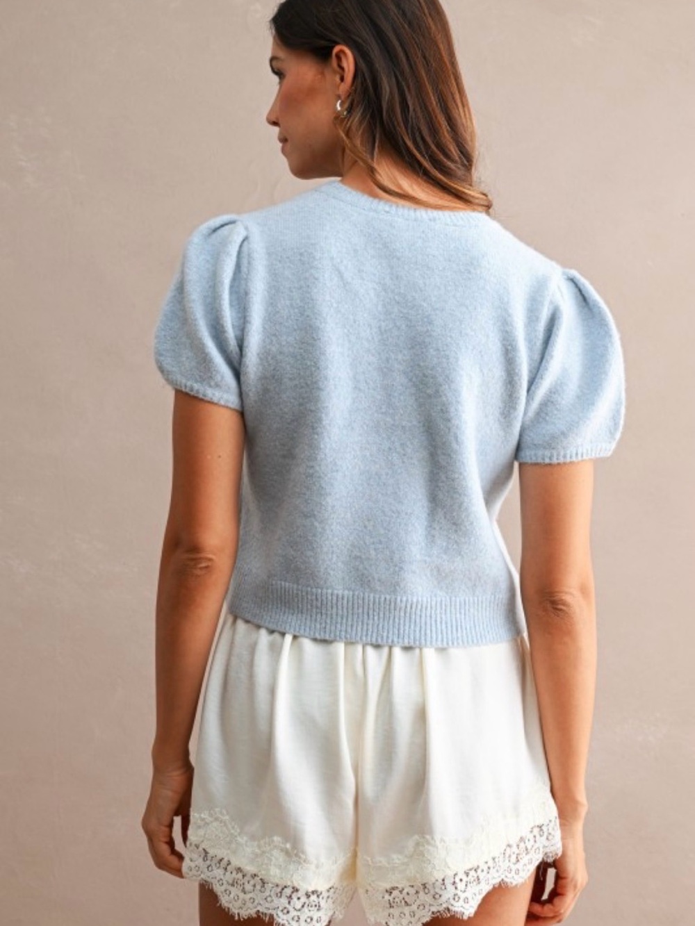 A724. Light Blue Puff-Sleeve Cropped Sweater with Duck Jacquard - Picture 5 of 7